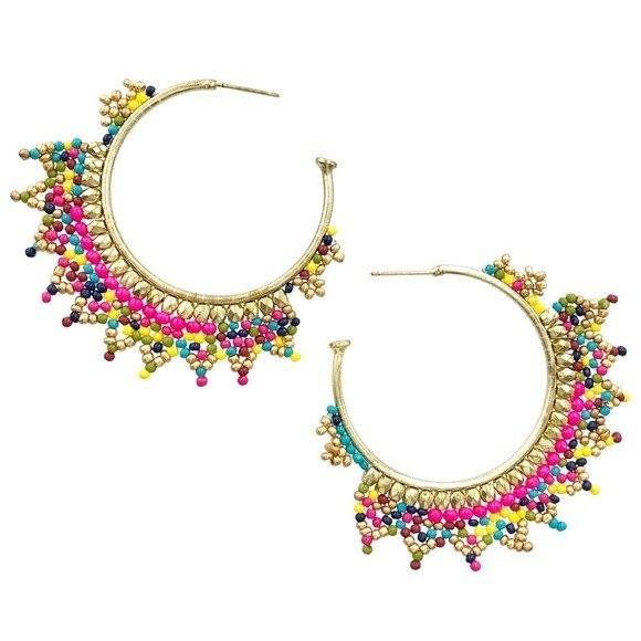 Multicolor Lace Look Seed Bead Lace Look Flair Gold Statement Hoop Earrings - Picture 1 of 3